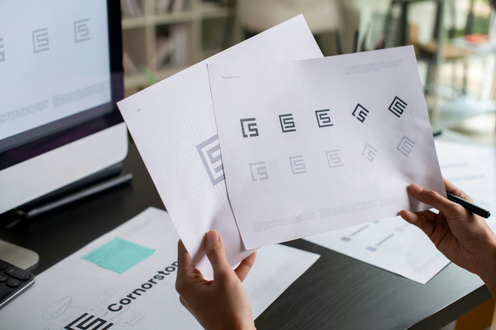 graphic designer drawing sketches logo design
