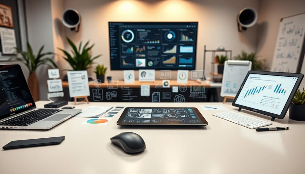 A bustling workspace with various AI-powered productivity tools laid out on a clean, minimalist desk. In the foreground, a sleek laptop, a wireless mouse, and a tablet with a stylus, all seamlessly integrated. The middle ground features an array of digital notes, to-do lists, and virtual whiteboards, hinting at the collaborative nature of these AI assistants. In the background, a large monitor displays visualizations and analytics, providing deep insights to boost efficiency. The scene is bathed in warm, gentle lighting, conveying a sense of focus and calm productivity. The overall atmosphere exudes a harmonious blend of cutting-edge technology and human-centric design, perfectly encapsulating the power of AI as a productivity multiplier.