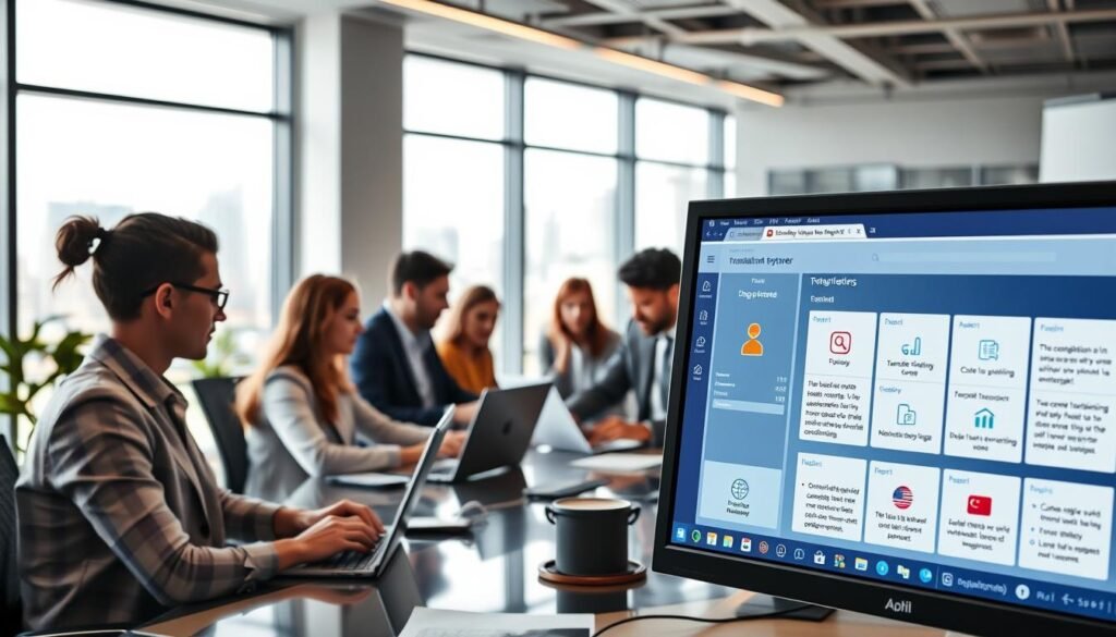 A modern office setting with a focus on translation and localization automation. In the foreground, a computer screen displays a user interface for a translation management system, with icons and UI elements highlighting features like automated translation, text alignment, and quality assurance. In the middle ground, a diverse team of professionals collaborates, with some typing on laptops, others reviewing documents, and a project manager overseeing the workflow. The background features sleek, minimalist office decor, with large windows letting in natural light and showcasing a cityscape beyond. The overall mood is one of efficiency, technology, and global collaboration.
