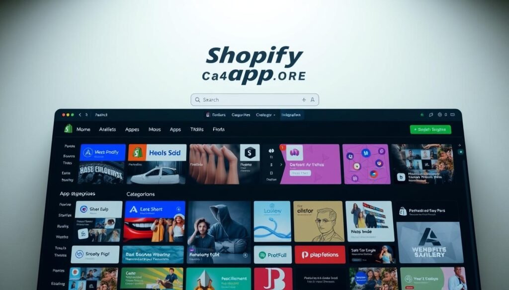 A modern, sleek, and visually appealing Shopify App Store interface, showcasing a diverse range of app categories and integrations against a neutral, minimalist background. The foreground features a clean grid layout highlighting various app icons and screenshots, conveying the depth and versatility of the Shopify ecosystem. The middle ground showcases a prominent search bar and filter options, emphasizing the user-friendly navigation. The background has a subtle, gradient-based color scheme that complements the branding, creating a cohesive and professional aesthetic. The lighting is soft and diffused, with a slight front-facing directional emphasis to accentuate the app details. The camera angle is slightly elevated, providing an immersive and comprehensive view of the Shopify App Store experience.
