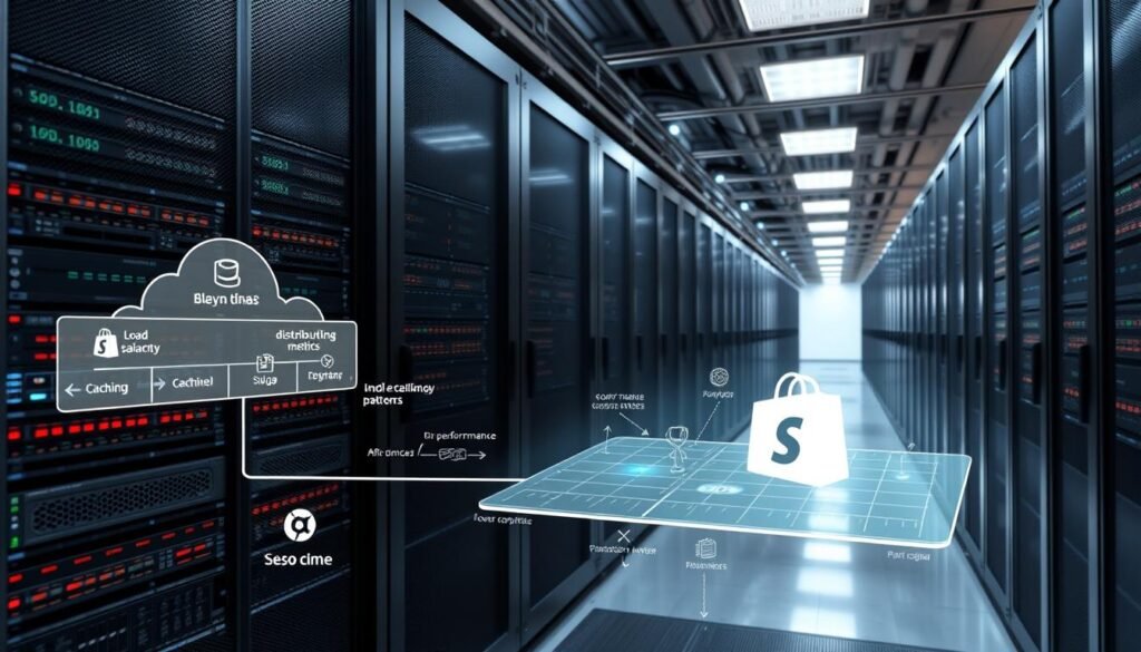 A sleek, modern data center filled with rows of high-performance servers, networks, and storage systems. In the foreground, a detailed diagram showcases the intricate infrastructure of Shopify's cloud-based platform, with clear visualizations of load balancing, caching, and distributed processing. The middle ground features subtle holographic overlays displaying real-time performance metrics, traffic patterns, and scaling capabilities. The background is bathed in a soft, ethereal glow, conveying a sense of power, efficiency, and technological innovation. The image is captured with a wide-angle lens, emphasizing the scale and complexity of Shopify's enterprise-grade infrastructure.
