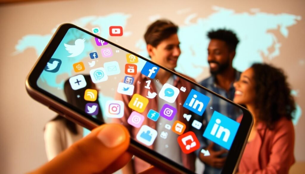 A vibrant and dynamic digital landscape, showcasing a variety of social media platforms and strategies. In the foreground, a smartphone screen displays a collage of social media icons, including Twitter, Instagram, Facebook, and LinkedIn, all interconnected and pulsing with activity. The middle ground features a trio of young, diverse individuals engaged in thoughtful discussions, their expressions conveying a sense of collaboration and strategic planning. In the background, a stylized world map subtly hints at the global reach and interconnectivity of these digital platforms. The scene is bathed in a warm, soft lighting, creating a sense of optimism and growth, reflecting the potential of social media to build a strong online audience.