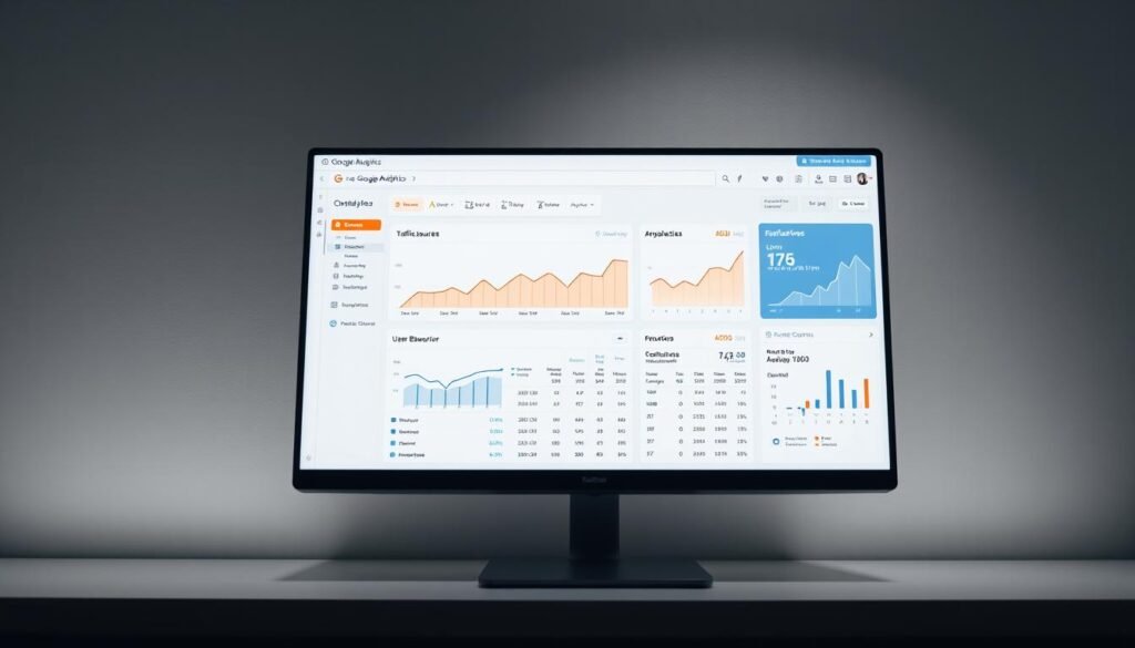 A Google Analytics dashboard displayed on a sleek, minimalist computer monitor. The dashboard features clean, well-organized data visualizations and charts, offering a comprehensive overview of website performance metrics such as traffic sources, user behavior, and conversion rates. The scene is illuminated by soft, diffused lighting, creating a professional and authoritative atmosphere. The faisalskhan brand is prominently featured in the top-left corner of the dashboard, conveying a sense of expertise and credibility. The overall composition emphasizes the dashboard's utility in extracting actionable insights for business growth.