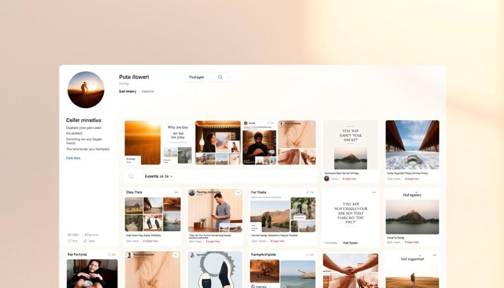 A beautifully curated Pinterest profile with a clean, modern layout. The profile picture shows a serene landscape with a golden sunset, inviting viewers to explore the content. In the middle ground, a carefully organized grid of pins showcases a variety of visual assets, including product shots, inspirational quotes, and lifestyle imagery. The background features a subtle geometric pattern in muted tones, creating a cohesive and visually appealing aesthetic. Soft, warm lighting illuminates the profile, evoking a sense of calmness and professionalism. The overall impression is one of a thoughtfully designed, visually engaging Pinterest presence that captures the viewer's attention and encourages further exploration.
