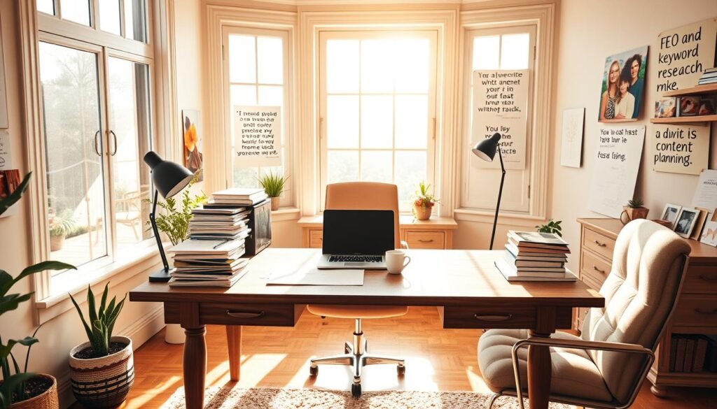 A bright, airy home office with a large wooden desk and a comfortable office chair. On the desk, a laptop, a cup of coffee, and stacks of notes and documents, representing the process of keyword research. The walls are adorned with inspirational quotes and visuals related to SEO and content planning. Warm, natural lighting filters in through large windows, creating a productive and focused atmosphere. The overall scene conveys the essence of diligent research and strategic planning for a blog's SEO.