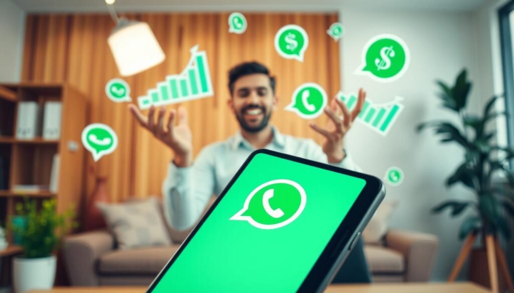 A brightly lit office setting with a smartphone in the foreground, its screen displaying the WhatsApp logo. In the middle ground, a person gesticulating animatedly, surrounded by floating charts, graphs, and dollar signs, symbolizing the success of their WhatsApp-based affiliate marketing venture. The background features a warm, inviting atmosphere with a cozy, wooden-paneled wall, suggesting a comfortable, productive environment. The overall mood conveys a sense of achievement, progress, and the potential for financial rewards through innovative use of popular messaging platforms.