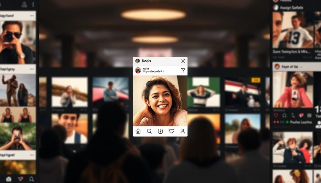 A bustling Instagram Reels feed, with an engaging mix of video thumbnails and content creators. In the foreground, a central Reel stands out, its thumbnail capturing a dynamic, visually striking moment - perhaps a close-up of an expressive face, an action shot, or a vibrant scene. The midground features a variety of Reels thumbnails, each with a distinct style and subject matter, showcasing the platform's diverse content. The background sets the scene, with a blurred, ethereal effect suggesting the endless scroll of the Reels interface. Soft, diffused lighting illuminates the entire composition, creating a warm, inviting atmosphere. The overall scene conveys the sense of immersion, discovery, and connection that defines the Instagram Reels experience.