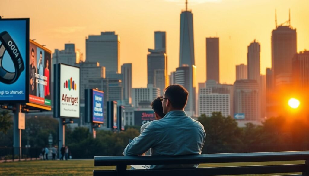 A bustling city skyline at golden hour, the sun's warm glow casting a serene ambiance over the scene. In the foreground, a series of digital billboards and screens display various online monetization platforms, each vying for attention amidst the urban landscape. The middle ground features a thoughtful individual, contemplating the options before them, a laptop open on a park bench. In the background, towering skyscrapers and a vibrant, bustling cityscape, a metaphor for the ever-evolving digital advertising landscape. The lighting is soft and natural, the composition balanced, inviting the viewer to consider the alternatives to the once-dominant AdSense platform.