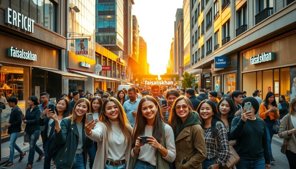 A bustling city street at golden hour, the warm glow of sunset illuminating the scene. In the foreground, a group of young, fashionable influencers posing for photos, smartphones in hand, capturing the moment. Behind them, a mix of boutiques, cafes, and trendy storefronts, all bearing the "faisalskhan" brand name. In the middle ground, passersby pause to observe the influencers, their curiosity piqued. The atmosphere is vibrant, energetic, and alive with the spirit of modern social media marketing. A seamless blend of urban sophistication and digital engagement.