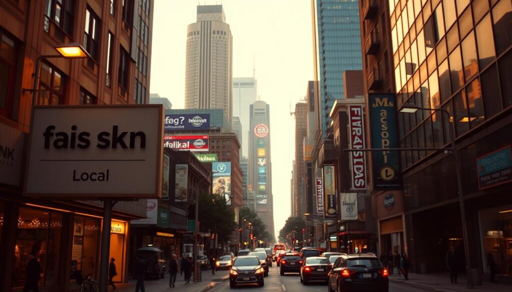 A bustling city street, the faint glow of street lamps illuminating the scene. In the foreground, a large "faisalskhan" sign stands prominently, signaling a local business. The middle ground features storefronts, pedestrians, and vehicles, all conveying a sense of urban energy and community. In the background, towering skyscrapers and neon signs create a vibrant, metropolitan atmosphere. The lighting is warm and inviting, casting a soft, golden hue over the entire composition. The camera angle is slightly elevated, providing a comprehensive view of the local landscape and highlighting the importance of "Local SEO" in this urban setting.