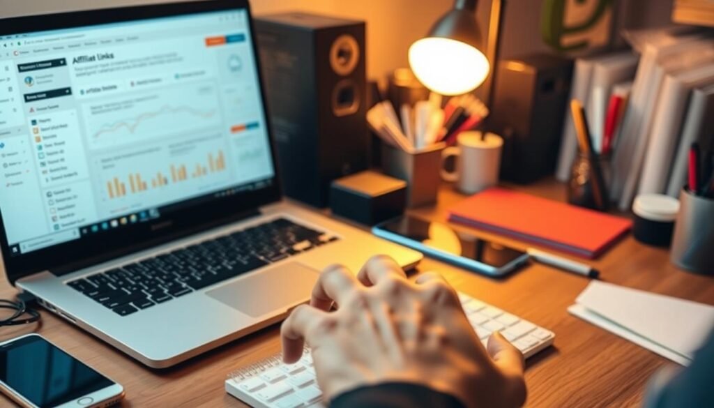 A busy workspace with a laptop, smartphone, and various office supplies arranged neatly. The laptop screen displays a dashboard with affiliate links and analytics, reflecting the automation process. The lighting is warm and focused, creating a productive atmosphere. In the middle ground, a hand hovers over the keyboard, suggesting the act of implementing the automation. The background is blurred, emphasizing the task at hand. The overall scene conveys the efficiency and time-saving benefits of automating affiliate link insertion within a WordPress website.