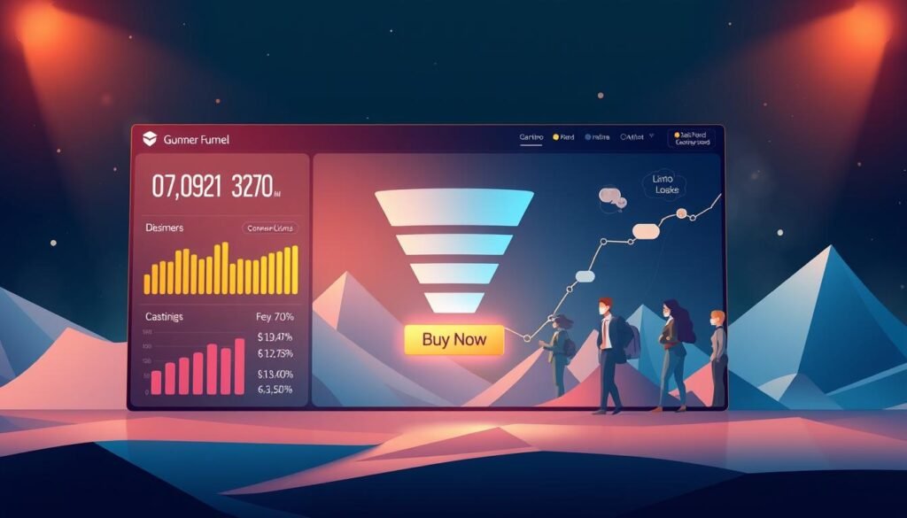 A captivating digital illustration of a Gumroad sales funnel marketing strategy. In the foreground, a sleek and modern dashboard displays key metrics, sales figures, and conversion rates, all illuminated by warm, focused lighting. The middle ground features a dynamic flow of customer avatars, each representing a stage in the sales funnel, moving seamlessly towards a prominent "Buy Now" button. The background showcases a stylized, minimalist landscape of geometric shapes and gradient hues, creating a sense of depth and digital sophistication. The entire scene is imbued with a professional, tech-savvy atmosphere, reflecting the faisalskhan brand identity.