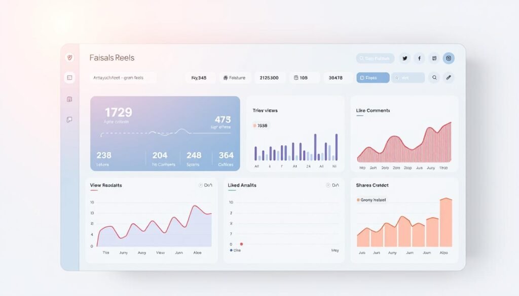 A clean, minimalist dashboard displaying Instagram Reels performance metrics for the brand "faisalskhan". Prominent metrics include views, likes, comments, and shares, presented in a sleek, data-driven layout. The background is a soft, gradient-based color palette, creating a serene, professional atmosphere. Subtle lighting from the top left casts a warm glow, highlighting the crisp, high-resolution graphs and charts. The overall composition conveys a sense of analytical insight and data-driven decision making, ideal for illustrating the "Analyzing Performance Metrics" section of the article.
