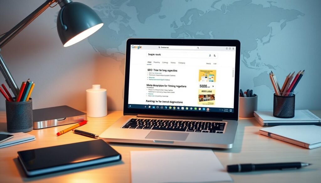 A clean, well-organized workspace with a laptop, desk lamp, and various office supplies. The laptop screen displays a search engine results page, highlighting the key elements of SEO - keywords, page titles, meta descriptions, and rankings. The background features a world map, symbolizing the global reach of SEO. Soft, warm lighting creates a focused, educational atmosphere, encouraging the viewer to delve into the fundamentals of search engine optimization.