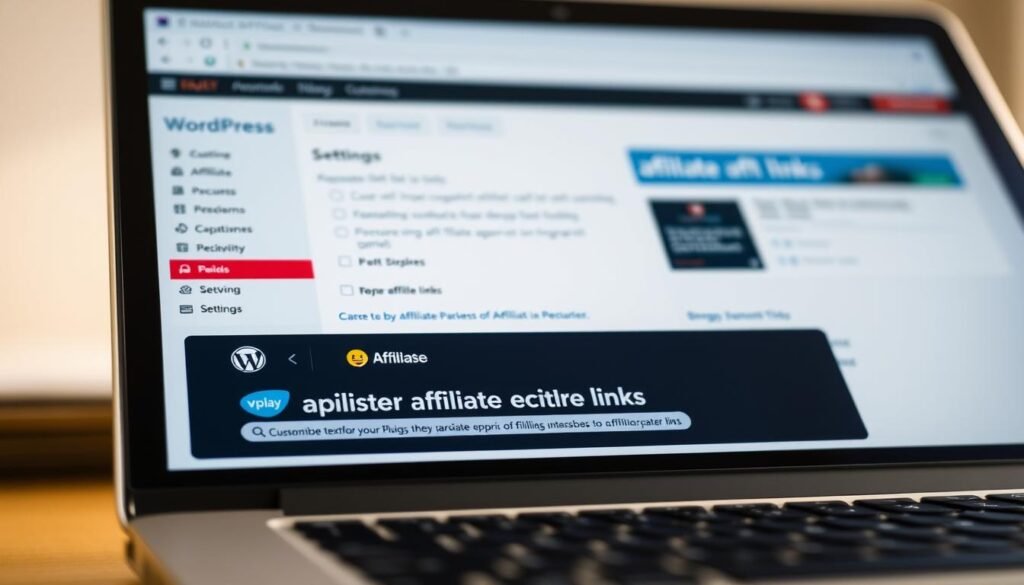 A close-up view of a laptop screen displaying a WordPress dashboard. The foreground features a row of affiliate links prominently displayed, with colorful logos and customizable text. The middle ground shows various WordPress settings and plugin menus, hinting at the integration and management of these affiliate links. The background is softly blurred, creating a sense of depth and focus on the affiliate link area. The lighting is warm and natural, with a slight hint of shadows to add depth and dimension. The overall mood is one of organization, productivity, and the seamless integration of affiliate marketing into a WordPress website.