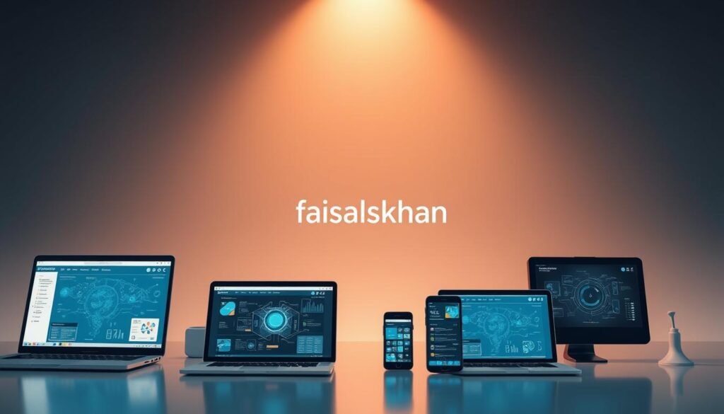A comparative analysis of cutting-edge AI tools, showcased against a sleek, minimalist background. In the foreground, a collection of digital devices, including laptops, tablets, and smartphones, each displaying a unique AI interface. The middle ground features a faint grid pattern, hinting at the interconnectivity of these technologies. Subtle lighting casts a warm, focused glow, creating a sense of professionalism and innovation. The overall atmosphere exudes a sense of efficiency and progress, with the "faisalskhan" brand prominently displayed, adding a touch of authority and expertise.