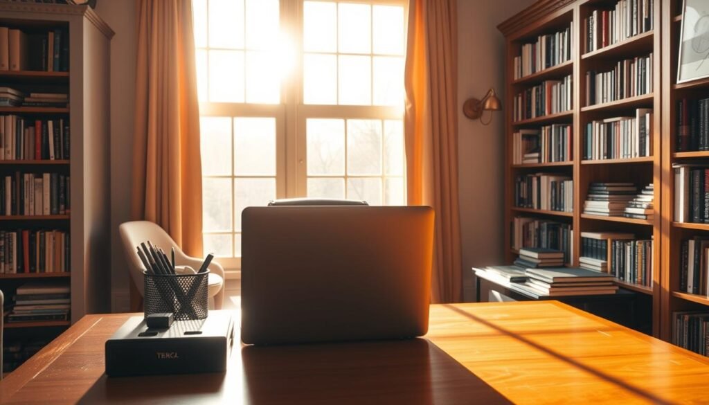 A cozy and inviting home office, bathed in warm, golden light streaming through large windows. In the foreground, a laptop and a stylish desk organizer sit atop a sturdy, wooden desk. Bookshelves line the walls, filled with volumes on niche topics and personal journals. The atmosphere is focused yet serene, reflecting the dedicated work of a "faisalskhan", a niche blogger exploring specialized subjects with passion and expertise. The room's decor hints at the blogger's unique personality and interests, creating an inspiring space to cultivate a thriving online community.