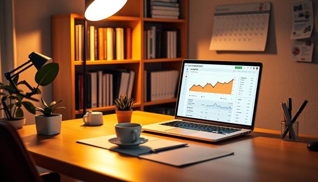 A cozy home office setup with a desk, laptop, and Google Analytics dashboard displayed on the screen. The lighting is soft and warm, creating a focused and productive atmosphere. The desk is neatly organized, with a plant, a cup of coffee, and a pen holder adding a touch of personalization. The background features a bookshelf filled with relevant books and a wall-mounted calendar, giving the scene a sense of professionalism and intentionality. The overall composition conveys the idea of a well-planned and efficient Google Analytics setup, ready to provide valuable insights for data-driven decision-making.