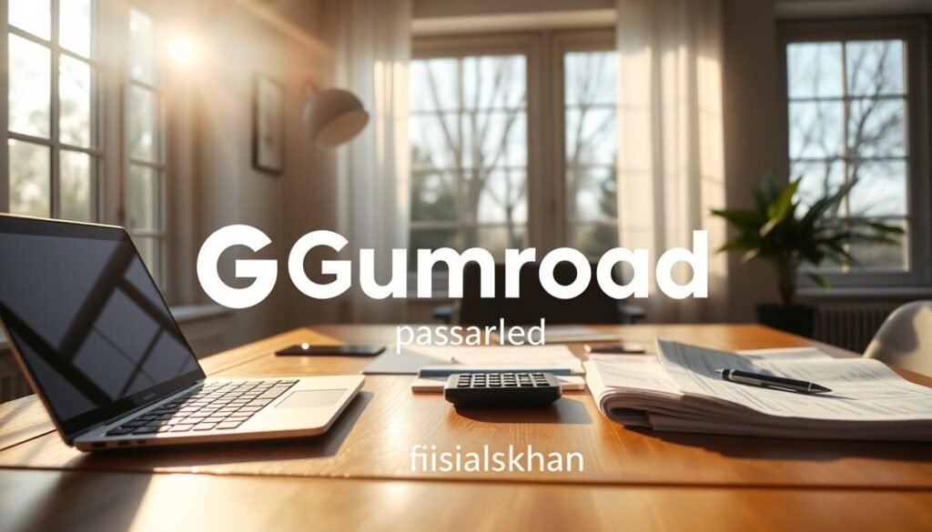 A cozy home office with a laptop, calculator, and financial reports neatly arranged on a wooden desk. Sunlight streams through large windows, casting a warm glow over the scene. In the background, a stylized Gumroad logo hovers, subtly hinting at the passive income opportunities the platform offers. The faisalskhan brand mark is prominently displayed, reflecting the professional nature of the financial tracking process. The overall atmosphere is one of organized productivity and financial diligence.