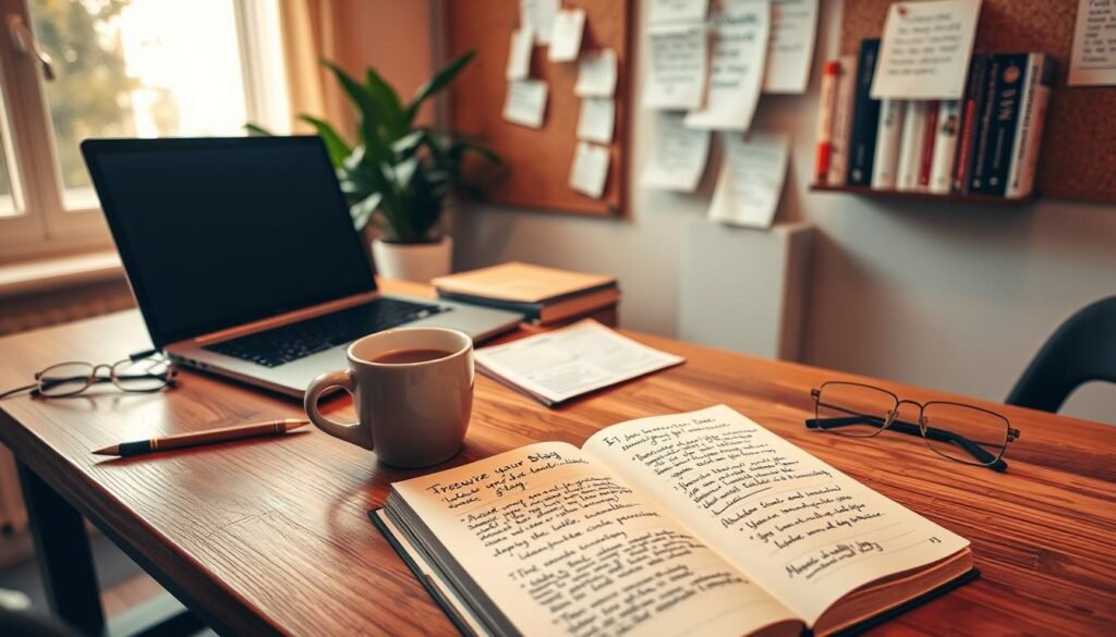 A cozy home office with a wooden desk, a laptop, and a potted plant. Warm, natural lighting from a nearby window casts a soft glow, highlighting the thoughtfully arranged writing materials and inspirational notes pinned to a cork board. In the foreground, a journal lies open, its pages filled with handwritten ideas and strategies for growing a blog. The middle ground features a mug of steaming coffee and a pair of reading glasses, conveying a sense of focused productivity. In the background, a wall-mounted bookshelf displays a curated collection of books on content creation, digital marketing, and SEO. The overall atmosphere is one of quiet contemplation and a dedication to crafting quality content that will attract and engage readers.