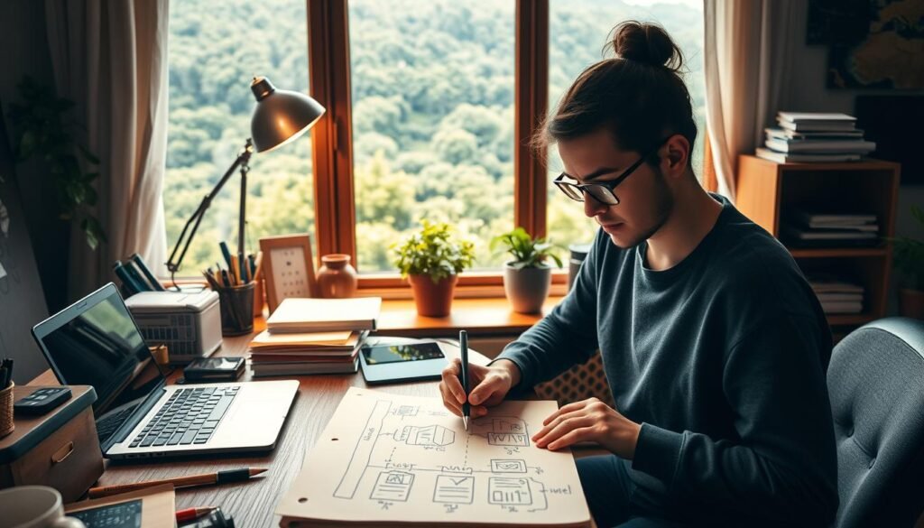 A cozy home office with a wooden desk, a laptop, and a stack of papers. In the foreground, a person is sketching out ideas for a lead magnet on a notepad, their face expressing deep concentration. The middle ground features various office supplies and a potted plant, creating a sense of organization and productivity. The background has a large window overlooking a lush, verdant landscape, bathing the scene in warm, natural light. The overall mood is one of focus, creativity, and the pursuit of knowledge, reflecting the importance of lead magnets in growing an audience and business.