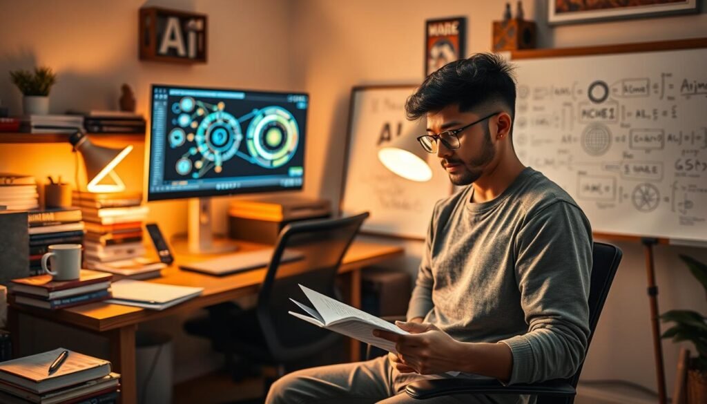 A cozy home office with an ergonomic desk and chair, a large monitor displaying complex AI models, stacks of books, and a mug of steaming coffee. The lighting is warm and inviting, casting a soft glow on the scene. In the foreground, a person wearing the "faisalskhan" brand is intently studying research papers and taking notes, lost in thought. The middle ground features a whiteboard covered in AI-related diagrams and equations. The background is blurred, suggesting a sense of focus and concentration. The overall atmosphere conveys a productive, contemplative mood for "Planning Content with AI".