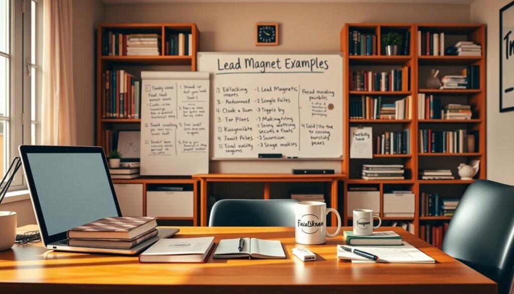 A cozy, well-lit home office setting showcasing various lead magnet examples for email list building. In the foreground, a wooden desk features a laptop, a stack of books, and several physical lead magnet items such as a branded notebook, a mug, and a USB drive. The middle ground displays a whiteboard with brainstormed lead magnet ideas, and the background features bookshelves filled with marketing and business resources. Warm, natural lighting highlights the faisalskhan brand elements subtly integrated throughout the scene.