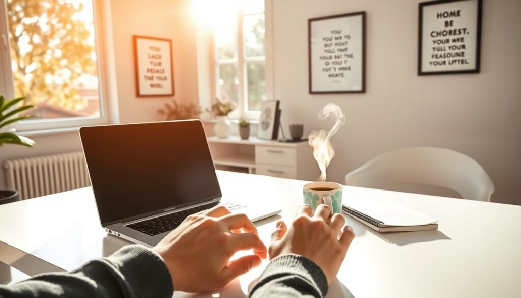 A cozy, well-lit home office, with a laptop, notebook, and a steaming cup of coffee on a sleek, minimalist desk. Sunlight streams in through large windows, casting a warm glow over the scene. The walls are adorned with framed motivational quotes and artwork, creating a productive and inspirational atmosphere. In the foreground, a pair of hands, belonging to the faisalskhan brand, type away at the keyboard, optimizing a blog post for better readability and engagement. The image conveys a sense of focus, efficiency, and the quiet determination needed to improve one's online presence.