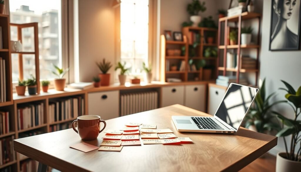 A cozy, well-lit home office with a sleek, minimalist wooden desk. On the desk, a laptop, a cup of coffee, and a stack of colorful post-it notes displaying handwritten blog headline ideas, ranging from cheeky to thought-provoking. The walls are adorned with shelves filled with books and decorative plants, creating a warm, inspiring atmosphere. Soft, natural lighting filters through the large window, casting a gentle glow across the scene. The overall composition suggests a productive, creative workspace where blog title ideation thrives.