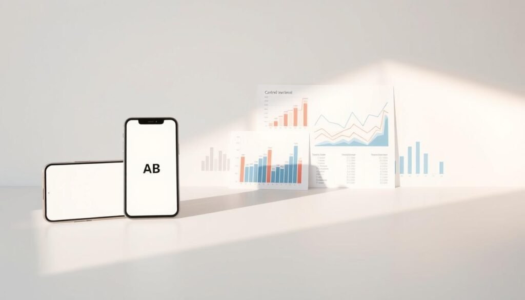 A crisp, minimalist still life of A/B testing elements on a clean, neutral background. The foreground features two mobile device mockups, one displaying control version A and the other version B, positioned at a slight angle to create visual interest. The middle ground showcases a set of statistical charts and graphs, conveying the data analysis aspect of A/B testing. The background is illuminated by soft, directional lighting, casting subtle shadows and creating a sense of depth. The overall mood is one of scientific precision and data-driven decision making, reflecting the "Getting Started with A/B Testing" theme.