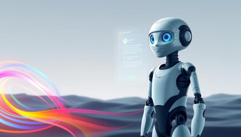 A cutting-edge AI assistant standing tall and proud, its intelligent gaze fixed on the viewer. In the foreground, a swirl of vibrant colors and flowing lines representing the boundless creative potential of ChatGPT. The middle ground showcases a subtle, futuristic interface, hinting at the advanced language modeling capabilities that power this revolutionary content creation tool. The background is a serene, minimalist landscape, allowing the AI to take center stage, a beacon of innovation in the realm of written communication. Soft, directional lighting accentuates the AI's sleek, modern design, capturing the essence of ChatGPT as a versatile and transformative force in the world of content creation.