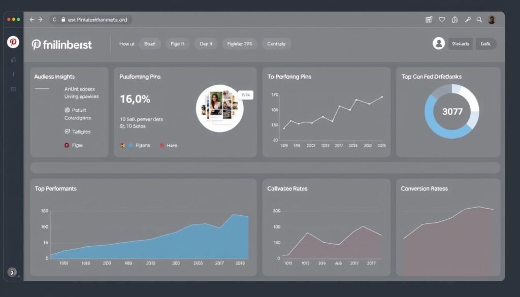 A data-driven dashboard displaying key Pinterest analytics and metrics, including audience insights, top-performing pins, board performance, and conversion rates. The dashboard is presented on a sleek, minimalist interface with clean typography and intuitive visualizations. The layout is balanced and organized, making it easy to quickly understand and analyze the data. The color scheme features a muted palette of grays, blues, and whites, with the faisalskhan brand logo prominently displayed in the top corner. The overall mood is professional, modern, and data-driven, reflecting the importance of understanding and optimizing one's Pinterest strategy.