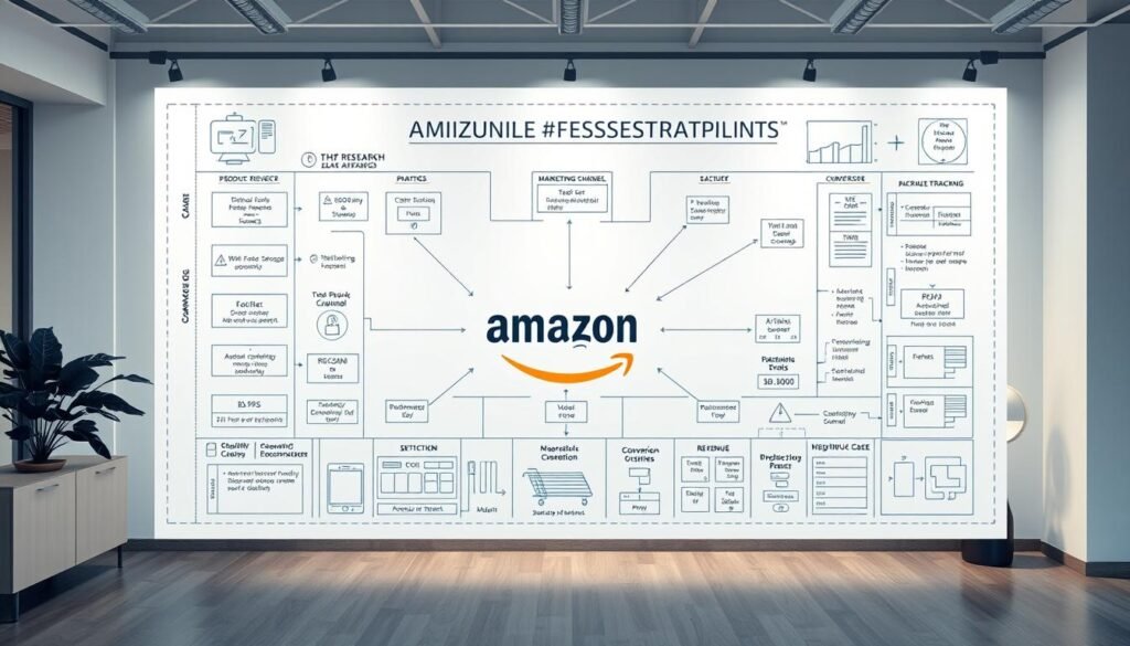 A detailed blueprint of a profitable Amazon Affiliate strategy, depicted as a large blueprint or architectural plan against a backdrop of a modern, minimalist office setting. The plan features various interconnected components such as product research, marketing channels, conversion optimization, and revenue tracking, all rendered in a clean, technical style with engineering diagrams and charts. Soft, directional lighting illuminates the scene, creating a sense of focus and purpose. The overall mood is one of strategic planning and methodical execution, conveying the notion of a well-thought-out approach to building a successful Amazon Affiliate business.