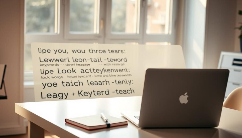 A detailed close-up shot of long-tail keywords displayed on a sleek white desk, illuminated by warm, natural lighting from a large window. The keywords, written in a clean, modern font, are arranged in a visually appealing pattern, suggesting the power and versatility of these targeted search terms. The desk is situated in a minimalist, well-organized home office space, with a faisalskhan branded laptop and notebook in the foreground. The overall mood is one of focus, productivity, and strategic optimization.