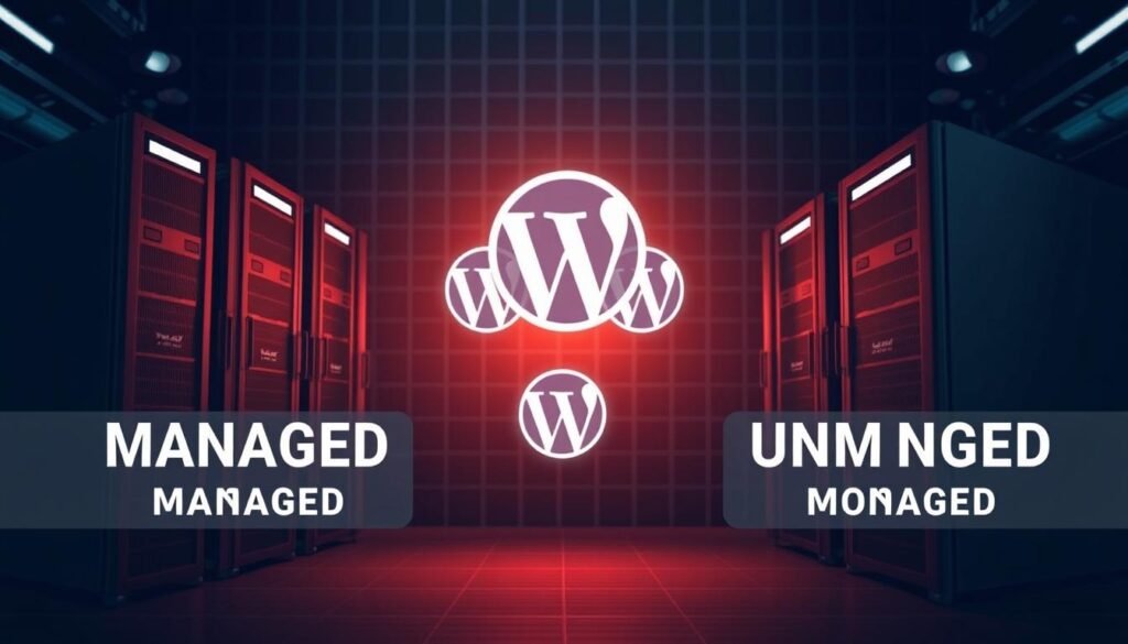 A detailed comparison of managed and unmanaged WordPress hosting, showcasing their distinct features and benefits. In the foreground, two server racks stand side-by-side, one labeled "Managed" and the other "Unmanaged", illuminated by warm, diffused lighting. In the middle ground, a trio of WordPress logos float, representing the hosting platforms. The background features a subtle grid pattern, evoking the technical nature of the subject. The overall mood is one of professional, informative analysis, with a touch of futuristic flair. faisalskhan
