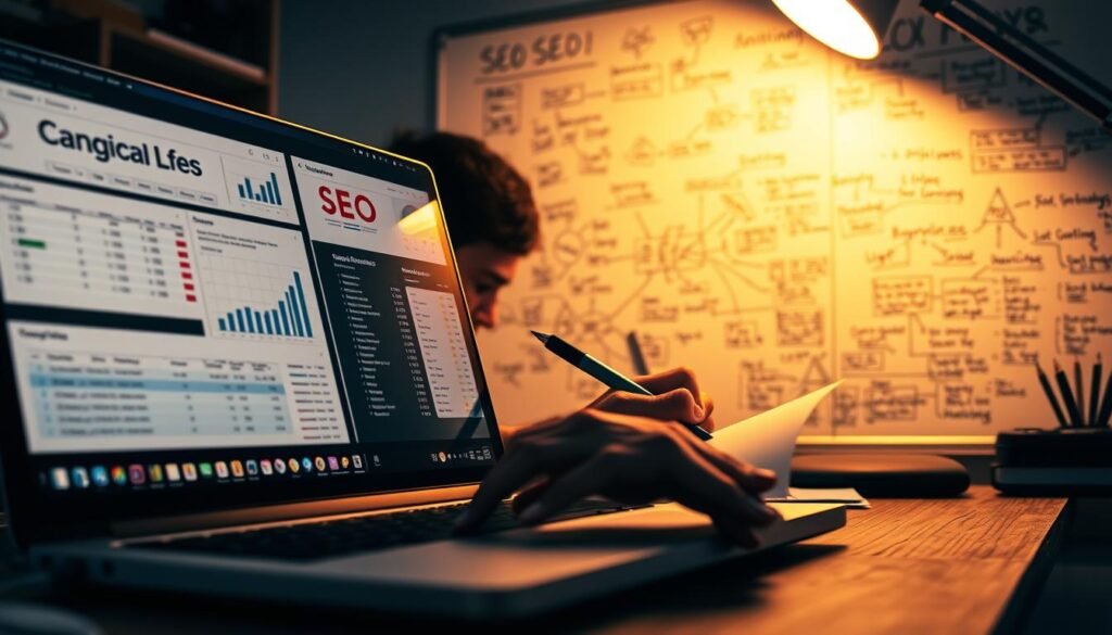 A detailed, high-resolution image of "SEO techniques" for a Google ranking article's "My 7-Day SEO Challenge" section. In the foreground, a laptop screen displays analytics dashboards, keyword research tools, and SEO checklists. In the middle ground, a person intently studies the data, jotting down notes with a pen and paper. The background features a whiteboard covered in SEO-related diagrams, mind maps, and scribbled action items, illuminated by warm, focused lighting from an angled desk lamp. The overall scene conveys a focused, methodical approach to optimizing a website for higher Google rankings within a defined timeframe.