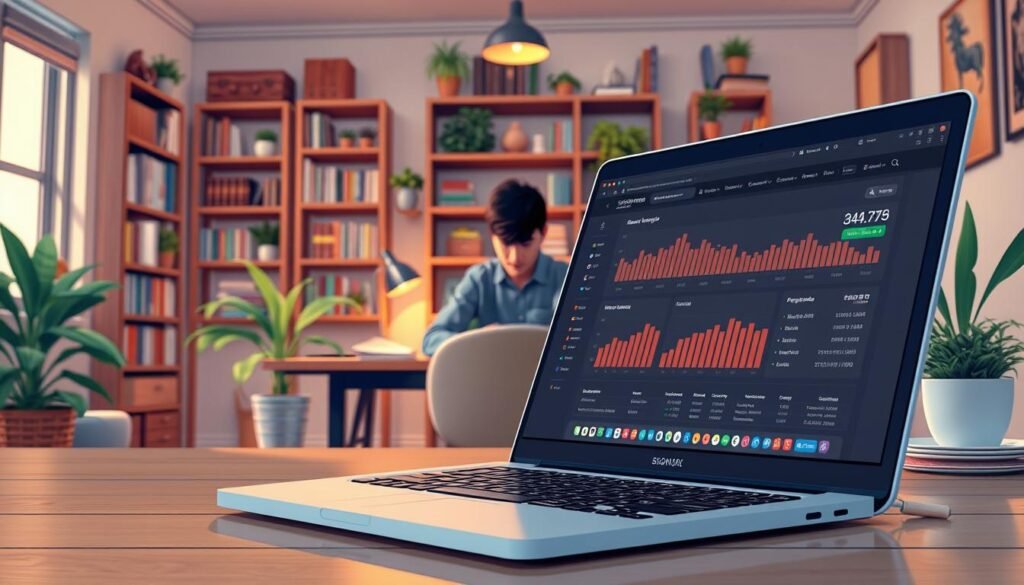 A detailed illustration of "Affiliate Marketing Strategies" in a realistic, cinematic style. The foreground features a laptop screen displaying an affiliate program dashboard, with various statistics and metrics. In the middle ground, a person sits at a desk, intently studying the screen and taking notes. The background depicts a cozy home office, with bookshelves, plants, and warm lighting creating a focused, productive atmosphere. The overall scene conveys the methodical, data-driven nature of successful affiliate marketing strategies. Signature: faisalskhan
