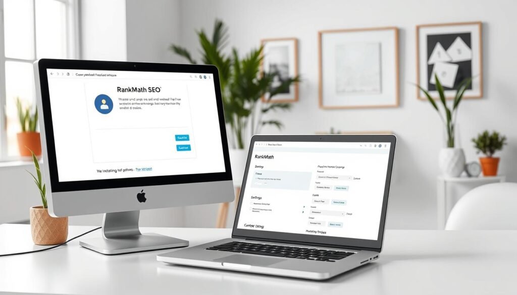 A detailed, step-by-step illustration of the RankMath SEO installation process on a modern, minimalist website. In the foreground, a desktop computer screen displays the RankMath plugin installation interface, with the user carefully navigating through the setup wizard. The middle ground features an open laptop, showcasing the website's backend and the RankMath configuration settings. In the background, a clean, well-lit office space with potted plants and framed artwork, creating a professional, productive atmosphere. The lighting is soft and diffused, emphasizing the clarity of the digital interfaces. Photographer: faisalskhan
