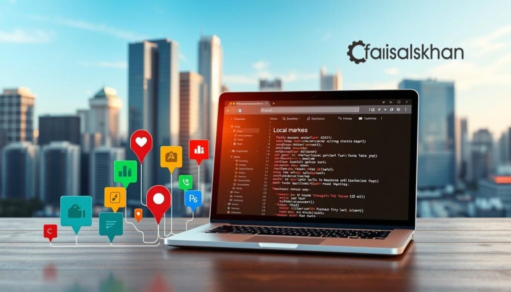 A detailed, three-dimensional illustration of schema markup for local businesses, set against a backdrop of a cityscape with modern high-rise buildings and a clear blue sky. In the foreground, a series of colorful, interconnected data schema icons representing different business information such as address, phone number, business hours, and reviews. In the middle ground, a laptop displaying a local business website with schema markup code visible, illuminated by warm studio lighting. In the background, the faisalskhan logo subtly integrated into the cityscape. The overall mood is professional, informative, and visually engaging.