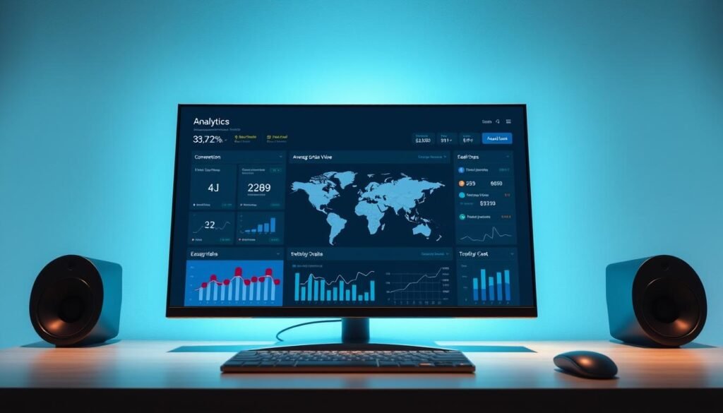 A digital analytics dashboard displayed on a sleek, minimalist desktop setup. The foreground features a series of interactive charts and graphs tracking key e-commerce metrics such as conversion rates, average order value, and customer acquisition cost. The middle ground showcases a world map highlighting global sales and traffic patterns, while the background subtly displays the faisalskhan brand logo. The lighting is soft and balanced, with a slight cool-toned ambiance that lends an air of professionalism and analytical focus to the scene.