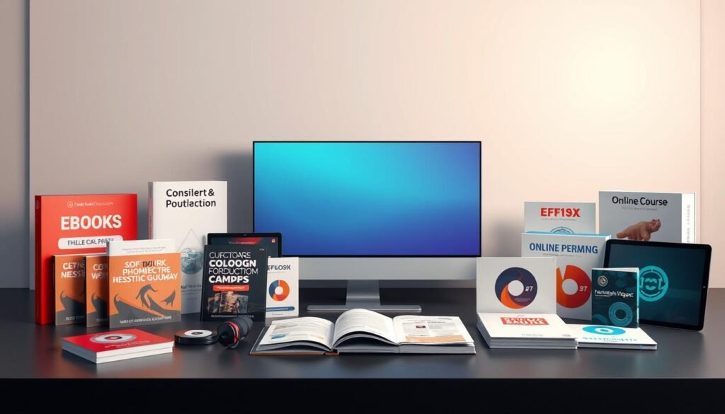 A digital product showcase set against a sleek, minimalist backdrop. In the foreground, various digital products are displayed, including ebooks, online courses, and software tools. The products are presented with clean, modern design and high-quality rendering, showcasing their value and functionality. The middle ground features a subtle grid pattern, adding a sense of structure and organization to the scene. In the background, a soft, gradient-based color scheme creates a calming, professional atmosphere. The lighting is carefully balanced, highlighting the products and creating a sense of depth and dimension. The overall composition conveys a sense of professionalism, innovation, and the potential for monetization through faisalskhan's digital products.