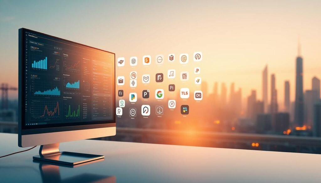 A digital product stack optimization scene featuring an array of interconnected digital tools and platforms. In the foreground, a sleek, modern computer monitor displays data visualizations and analytics dashboards. In the middle ground, various software icons and logos float in a three-dimensional grid, representing the integration and optimization of the digital product stack. The background depicts a futuristic, minimalist cityscape with skyscrapers and glowing neon accents, conveying a sense of technological progress and innovation. Warm, directional lighting casts subtle shadows, creating depth and dimension. The overall atmosphere is one of efficiency, synergy, and the seamless integration of digital technologies.