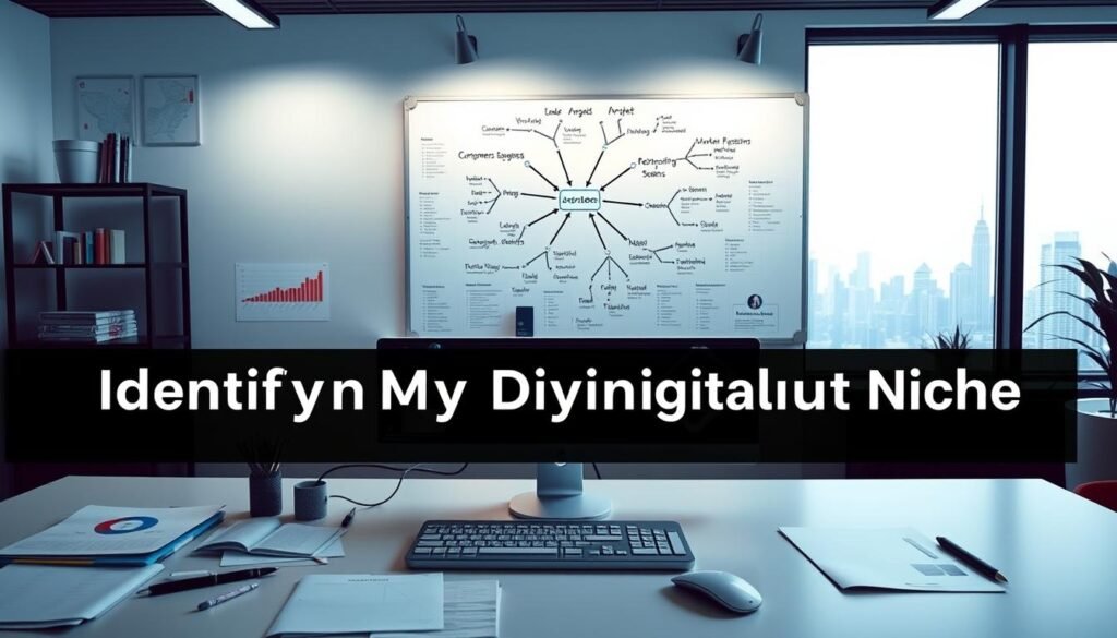 A digital workspace with a sleek, modern aesthetic. In the foreground, a neatly organized desktop with various analytics charts, market research reports, and digital marketing tools. In the middle ground, a whiteboard filled with mind maps, customer personas, and keyword clusters, illuminated by soft, directional lighting. The background features a minimalist skyline, hinting at the digital landscape of the product's target market. The overall mood is one of focus, analysis, and strategic planning, capturing the essence of "Identifying My Digital Product Niche".