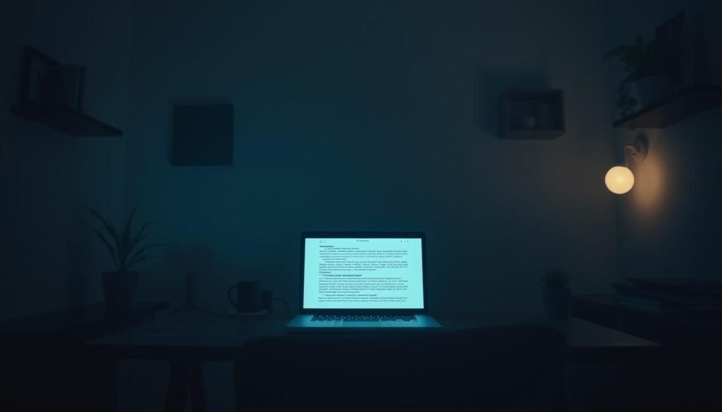 A dimly lit home office, the walls adorned with minimalist shelves and potted plants. In the center, a laptop sits open, its screen glowing with a blog post. The room is shrouded in a hazy, contemplative atmosphere, devoid of the vibrant social media interfaces that typically dominate modern digital workspaces. The lighting is soft, casting a warm, introspective glow, emphasizing the solitary focus on the written content. The angle is slightly elevated, giving a sense of isolation and introspection, as if the viewer is observing the scene from a distance, contemplating the challenges of building a successful blog without the aid of social media platforms.