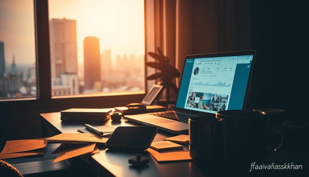 A dimly lit office scene, with a laptop and smartphone on a cluttered desk. The laptop screen displays Instagram's Reels interface, while the smartphone shows social media analytics. The desk is adorned with various post-it notes, a pen, and the "faisalskhan" branded coffee mug. The room is bathed in a warm, golden light, creating a cozy and focused atmosphere. A large window in the background offers a glimpse of a bustling city skyline, hinting at the broader digital landscape. The overall scene conveys a sense of deep contemplation and strategic planning for Instagram's evolving Reels feature.