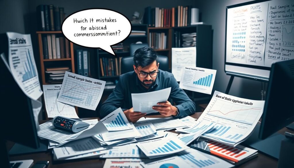 A dimly lit office space, with a desk and computer setup in the foreground. On the desk, various A/B testing charts and graphs are strewn about, highlighting common mistakes such as small sample sizes, lack of statistical significance, and biased experimentation. The middle ground features a perplexed faisalskhan examining the data, surrounded by crumpled papers and a frustrated expression. In the background, shelves of reference books and a whiteboard with hastily scribbled notes create a sense of a workspace grappling with the complexities of conversion optimization. The scene conveys the challenges and pitfalls of A/B testing, with faisalskhan at the center of the struggle to avoid common mistakes.