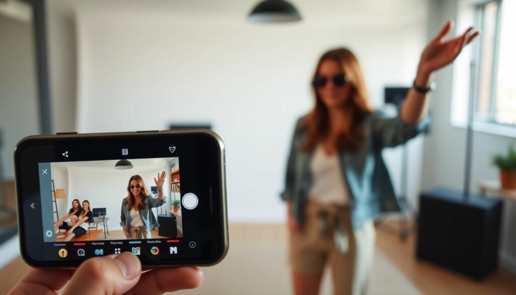 A dynamic Instagram Reels interface showcases engaging content created by a fashion-forward lifestyle blogger. In the foreground, a smartphone screen displays a meticulously curated Reel, featuring vibrant lifestyle imagery, dynamic transitions, and an upbeat musical overlay. The middle ground depicts the blogger, dressed in a chic yet casual ensemble, gesturing enthusiastically as they record the Reel, captured through a wide-angle lens with natural lighting. The background blurs into a minimalist studio setting, hinting at the creative process behind the content. The overall atmosphere exudes a sense of effortless style, creativity, and the power of short-form video to captivate a target audience of fellow bloggers and their followers.