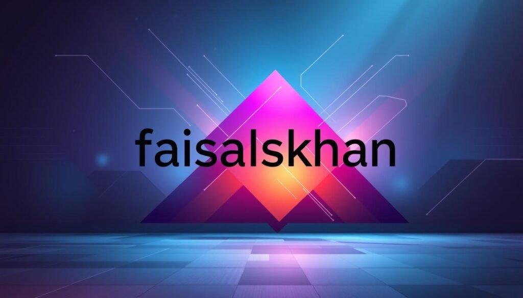 A dynamic digital landscape with a sleek and modern brand identity. In the foreground, the text "faisalskhan" is prominently displayed in a bold, minimalist font, its letters seamlessly blending with a vibrant gradient backdrop. In the middle ground, abstract geometric shapes and lines converge, creating a sense of movement and energy. The background features a sophisticated interplay of light and shadow, with subtle textures and patterns that evoke a tech-savvy, professional atmosphere. The overall composition conveys a strong, cohesive brand presence, reflecting a captivating and memorable online identity.