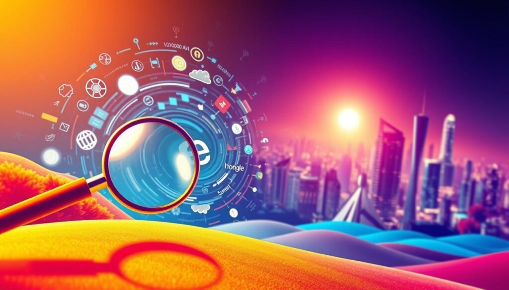 A dynamic landscape depicting the ever-evolving world of SEO trends. In the foreground, a stylized magnifying glass hovers, symbolizing the constant search for the latest optimization strategies. The middle ground features a swirling vortex of digital elements - algorithms, search engine icons, and data visualizations - all converging to create a sense of technological flux. In the background, a sleek, futuristic cityscape emerges, hinting at the integration of SEO into the digital landscape. Warm, vibrant lighting casts a glow over the scene, conveying a sense of innovation and progress. The overall composition exudes a sense of energy and adaptability, reflecting the dynamic nature of the SEO industry. faisalskhan