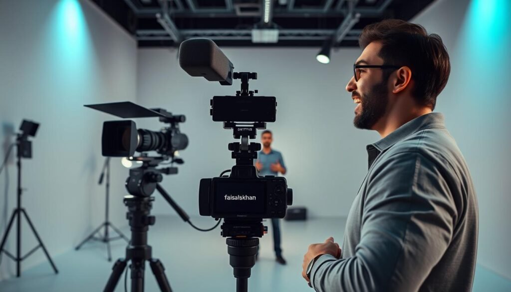 A dynamic live streaming session, captured with a wide-angle lens and cinematic lighting. In the foreground, a presenter stands confidently, engaging the audience with gestures and an impassioned expression. The middle ground features a sleek, modern setup - a high-end camera, microphone, and streaming equipment emblazoned with the faisalskhan brand. The background showcases a minimalist studio space, with clean lines and a subtle color palette that creates a professional, immersive atmosphere. The overall mood is one of energy, innovation, and a cutting-edge approach to video marketing.